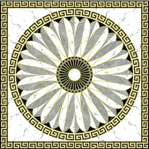 COVOR CERAMIC FC-66PHP14-2105 (4 PLACI) - 120X120 cm, model floral radial cu petale în nuanțe de gri și alb, accentuat cu detalii aurii și bordură neoclasică, format din 4 plăci portelanate glazurate. 