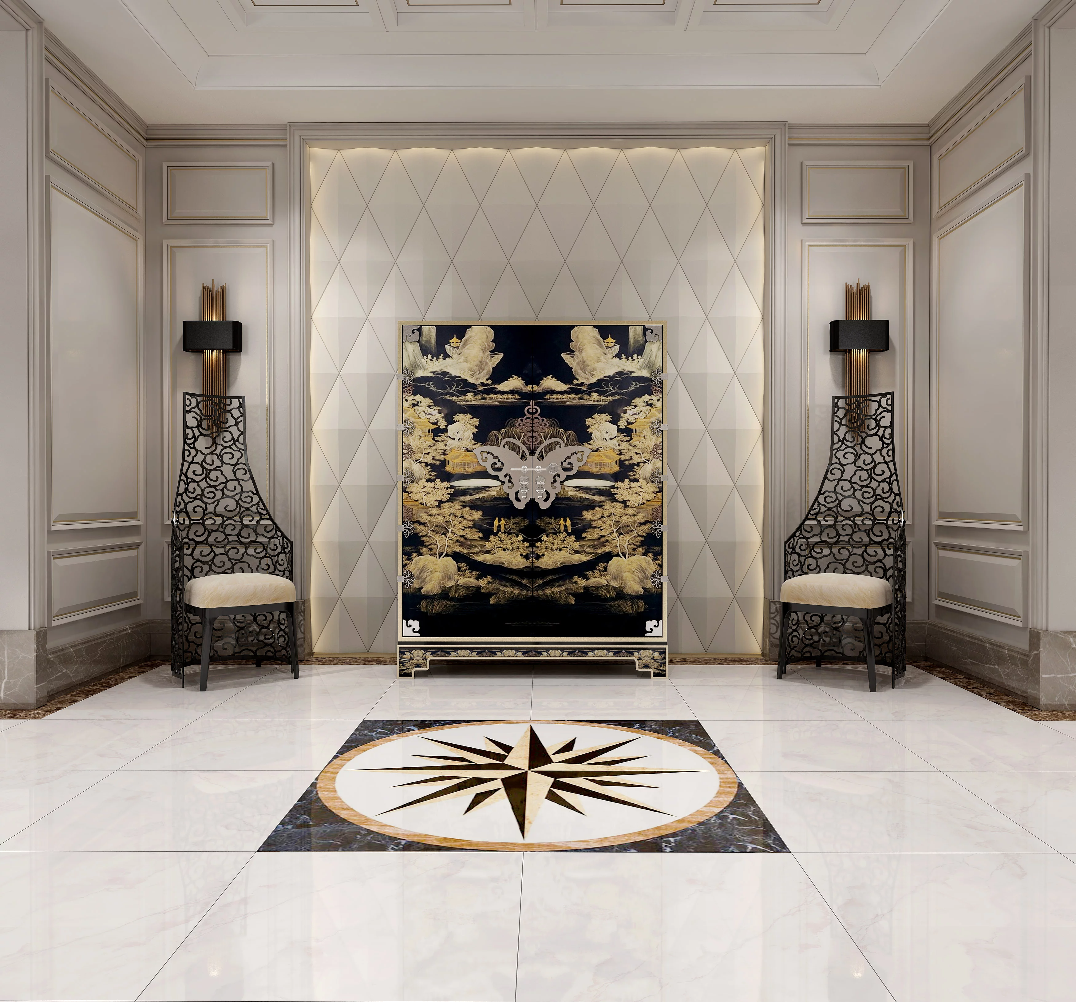 COVOR CERAMIC FC-4416C-G-J - 120X120 cm, design cu roza vânturilor în alb, negru și bej, ideal pentru spații elegante sau moderne, compus din 4 plăci portelanate glazurate.