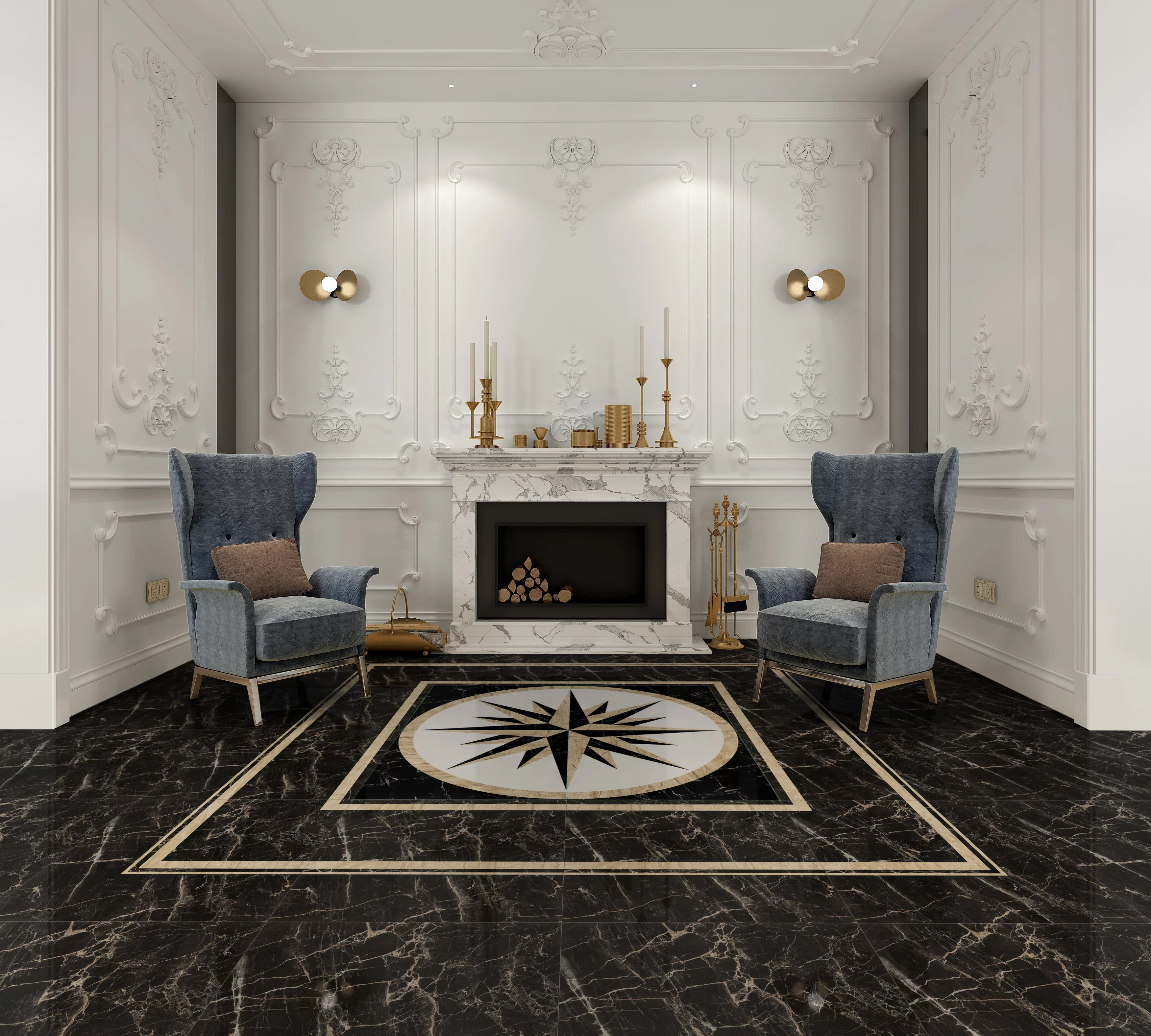 COVOR CERAMIC FC-4416C-G-J - 120X120 cm, design cu roza vânturilor în alb, negru și bej, ideal pentru spații elegante sau moderne, compus din 4 plăci portelanate glazurate.