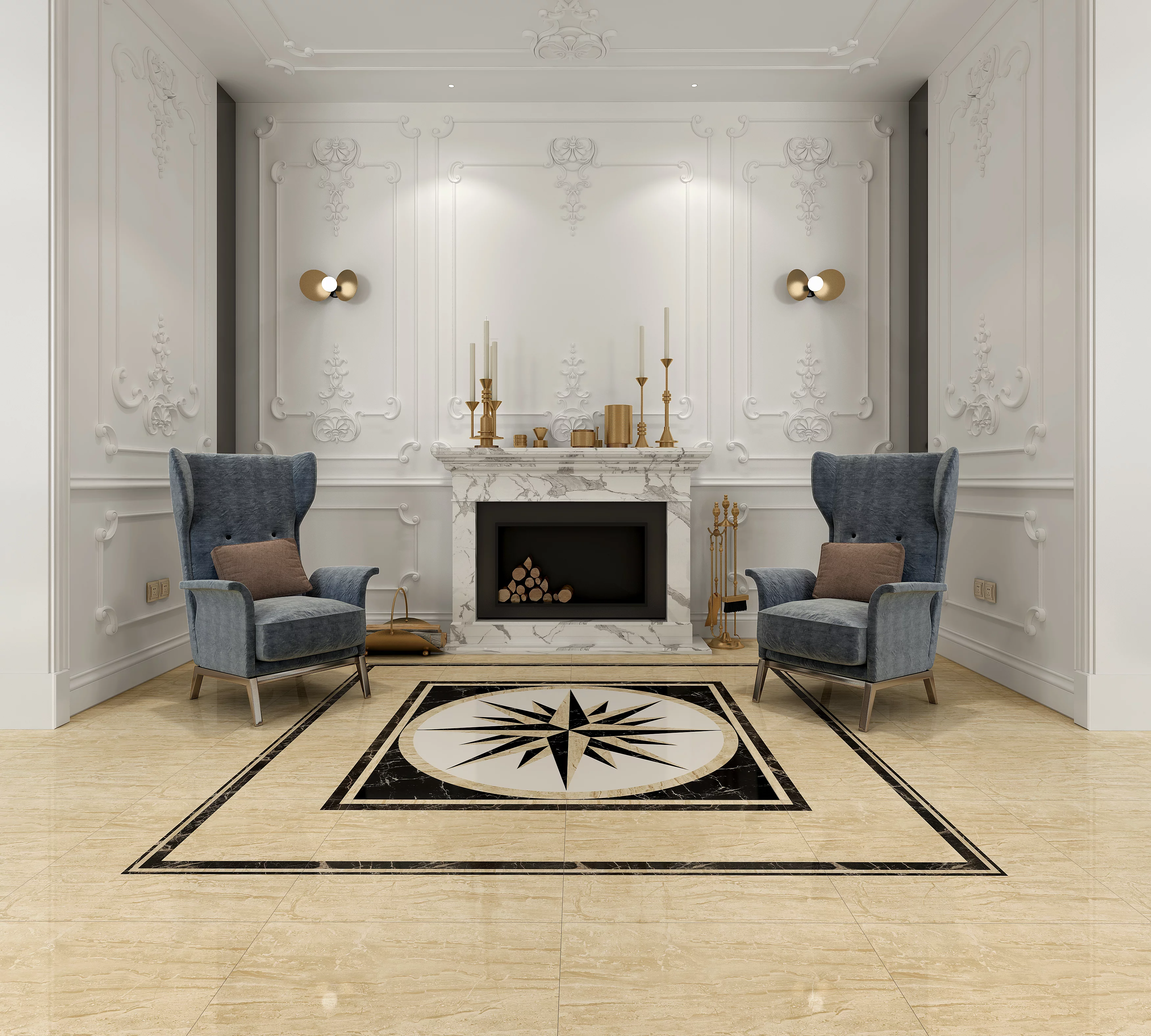 COVOR CERAMIC FC-4416C-G-J - 120X120 cm, design cu roza vânturilor în alb, negru și bej, ideal pentru spații elegante sau moderne, compus din 4 plăci portelanate glazurate.