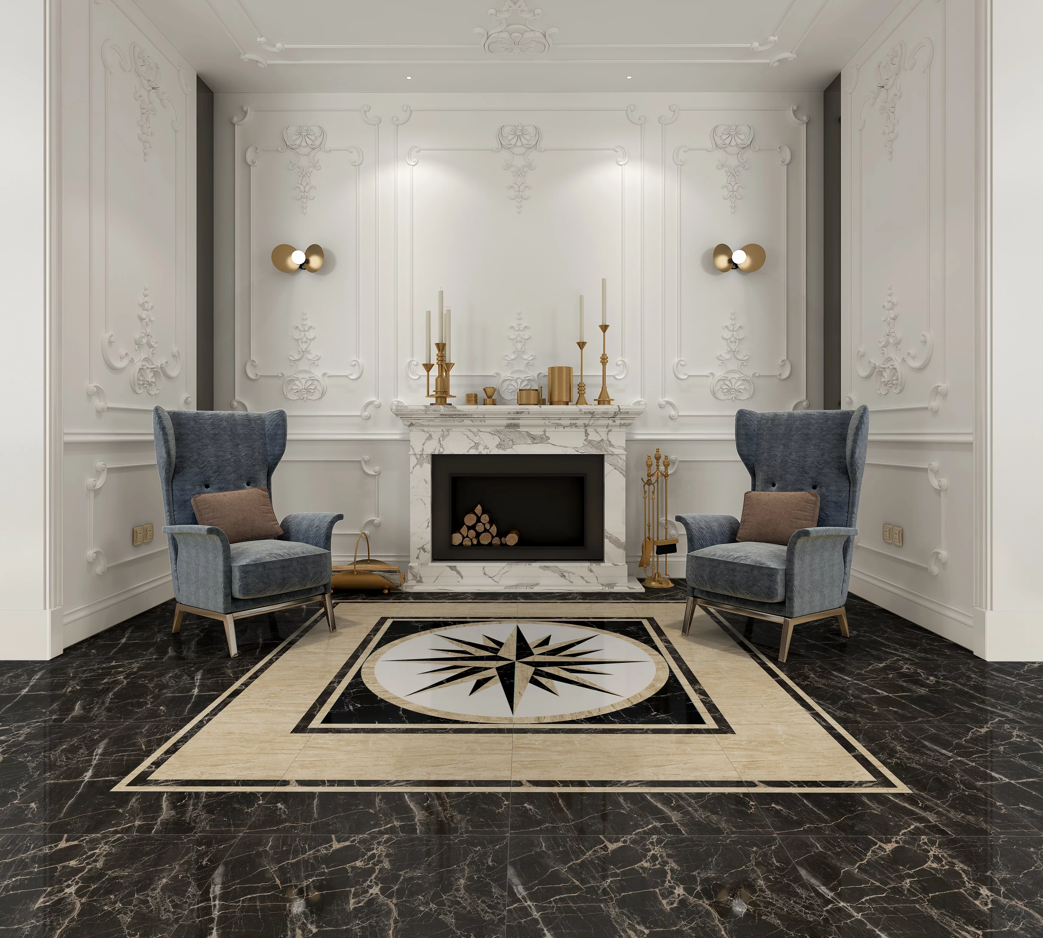 COVOR CERAMIC FC-4416C-G-J - 120X120 cm, design cu roza vânturilor în alb, negru și bej, ideal pentru spații elegante sau moderne, compus din 4 plăci portelanate glazurate.