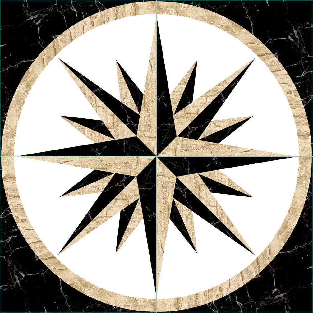 COVOR CERAMIC FC-4416C-G-J - 120X120 cm, design cu roza vânturilor în alb, negru și bej, ideal pentru spații elegante sau moderne, compus din 4 plăci portelanate glazurate.