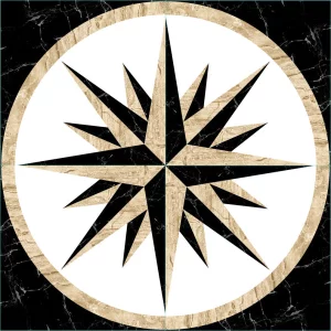 COVOR CERAMIC FC-4416C-G-J - 120X120 cm, design cu roza vânturilor în alb, negru și bej, ideal pentru spații elegante sau moderne, compus din 4 plăci portelanate glazurate.