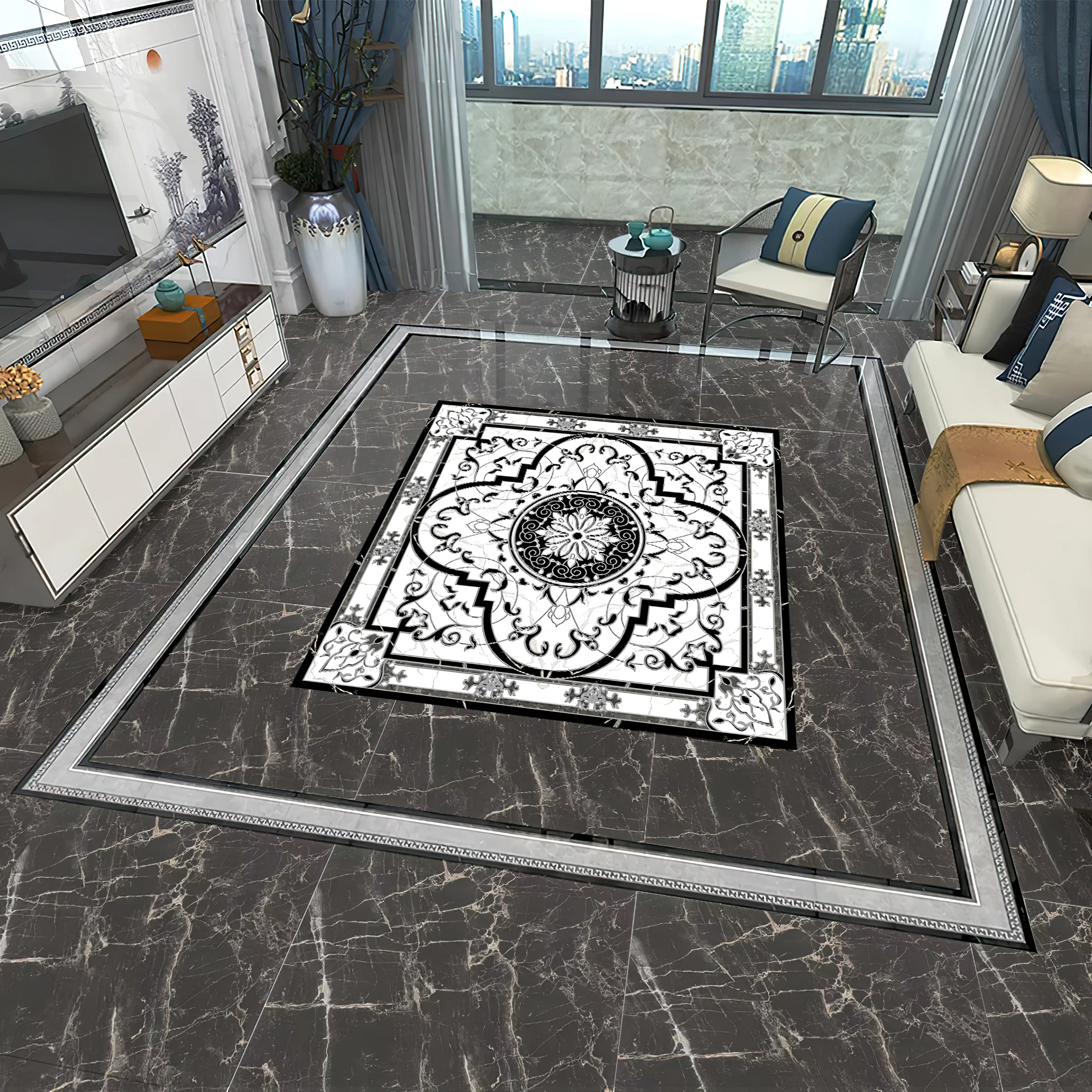COVOR CERAMIC FC-66PBP36-2104 (4 PLACI) - 120X120 cm, model baroc în alb-negru cu accente gri, compus din 4 plăci portelanate glazurate elegante, ideal pentru spații sofisticate.