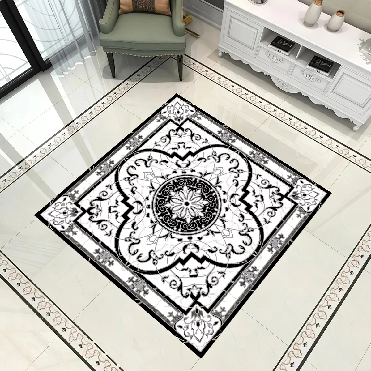 COVOR CERAMIC FC-66PBP36-2104 (4 PLACI) - 120X120 cm, model baroc în alb-negru cu accente gri, compus din 4 plăci portelanate glazurate elegante, ideal pentru spații sofisticate.