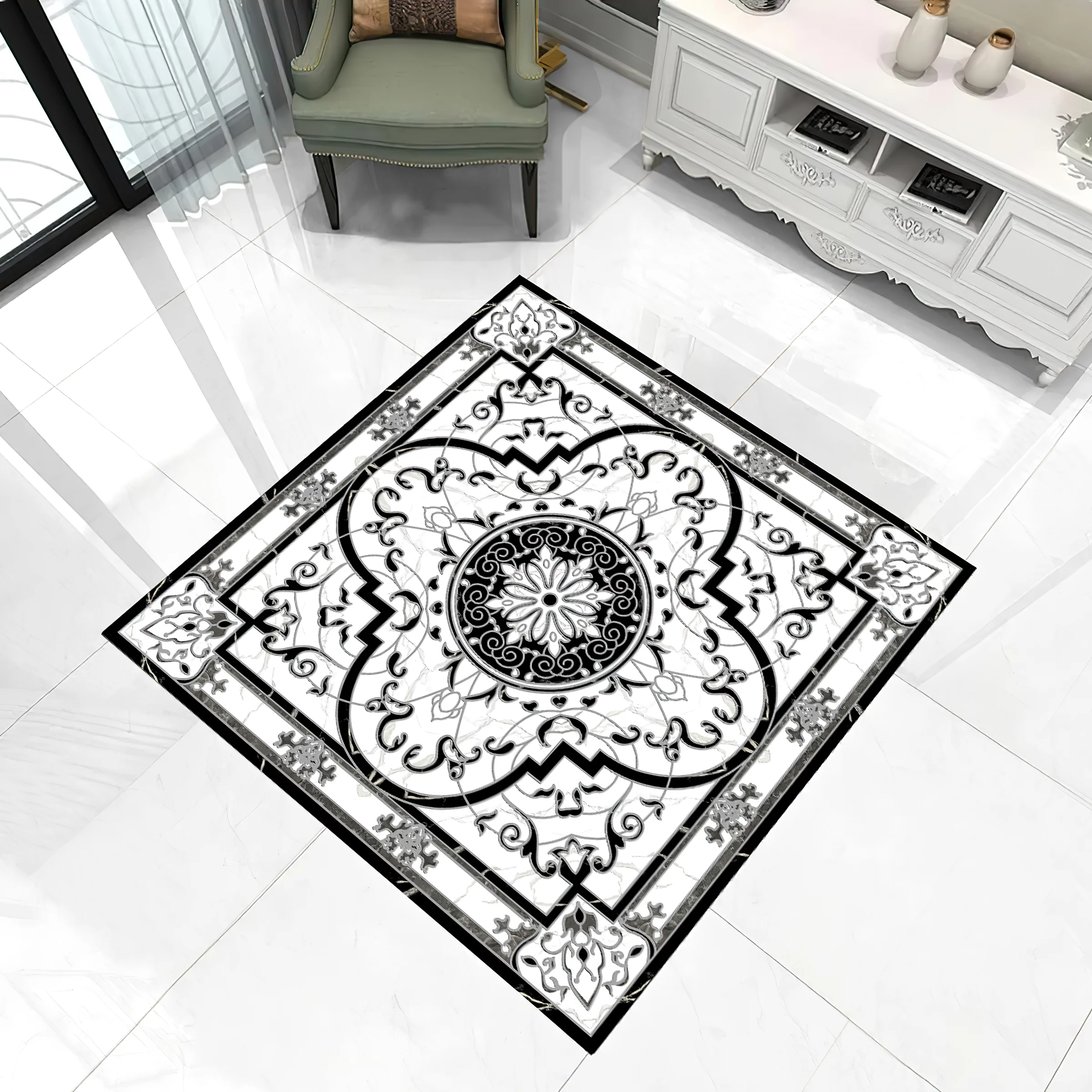 COVOR CERAMIC FC-66PBP36-2104 (4 PLACI) - 120X120 cm, model baroc în alb-negru cu accente gri, compus din 4 plăci portelanate glazurate elegante, ideal pentru spații sofisticate.