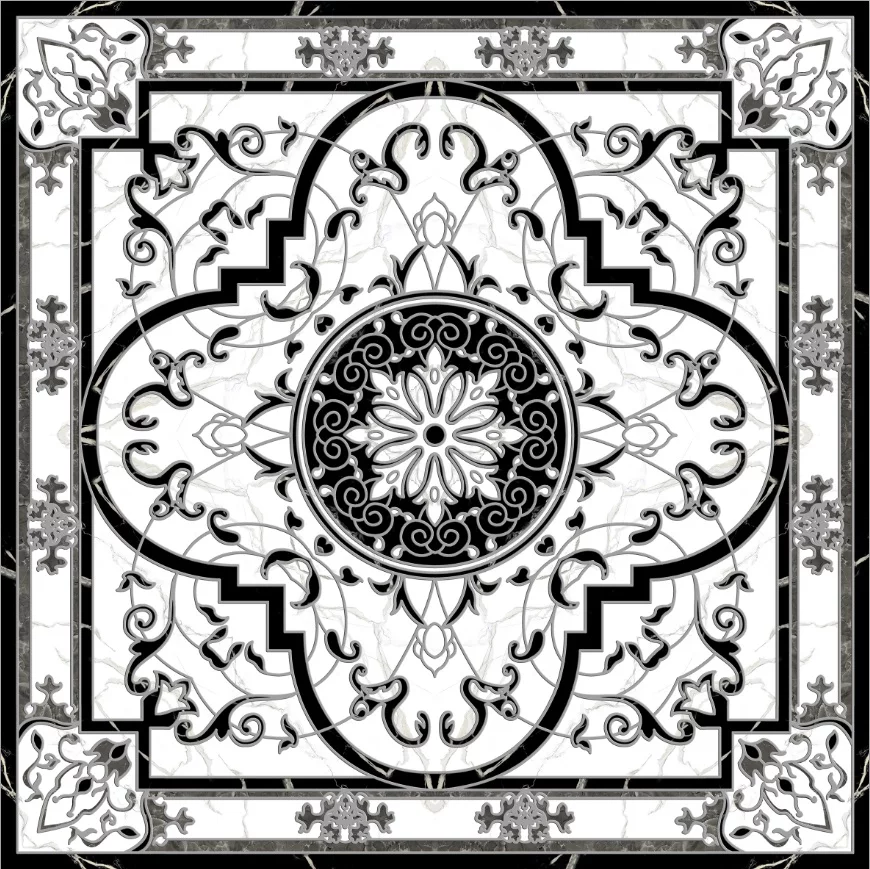 COVOR CERAMIC FC-66PBP36-2104 (4 PLACI) - 120X120 cm, model baroc în alb-negru cu accente gri, compus din 4 plăci portelanate glazurate elegante, ideal pentru spații sofisticate.