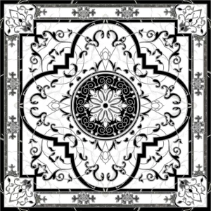 COVOR CERAMIC FC-66PBP36-2104 (4 PLACI) - 120X120 cm, model baroc în alb-negru cu accente gri, compus din 4 plăci portelanate glazurate elegante, ideal pentru spații sofisticate.