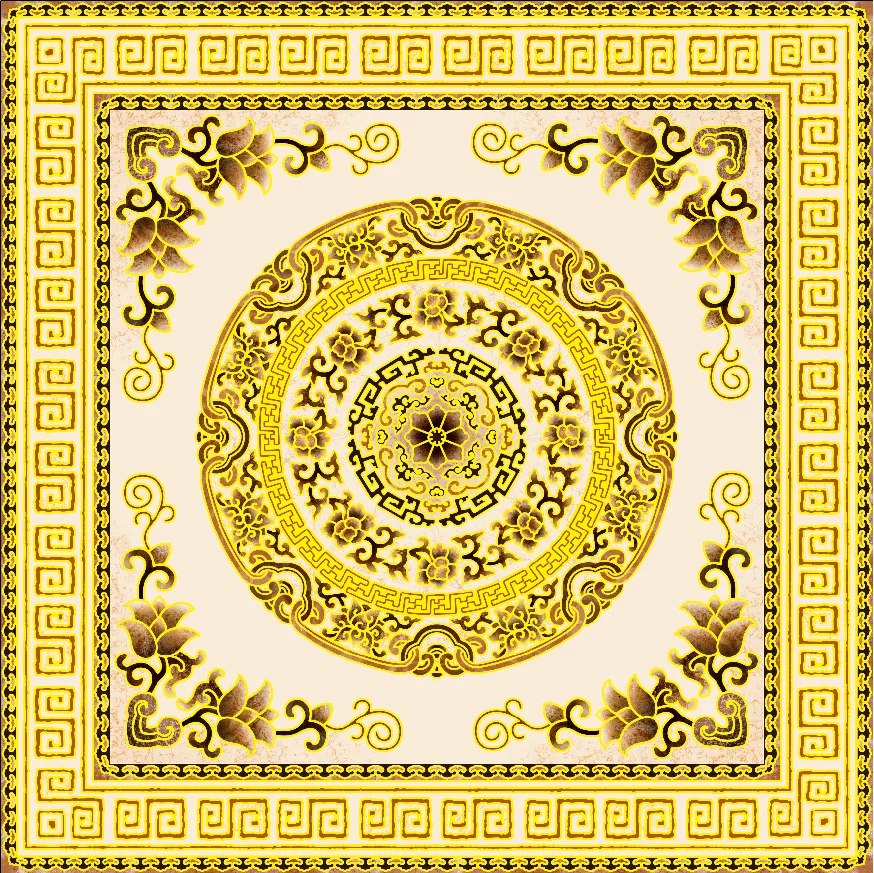 COVOR CERAMIC B11166 (4 PLACI) - 120X120 cm, design oriental elegant cu motiv central circular și chenar geometric, în nuanțe de auriu și crem, compus din 4 plăci portelanate glazurate.