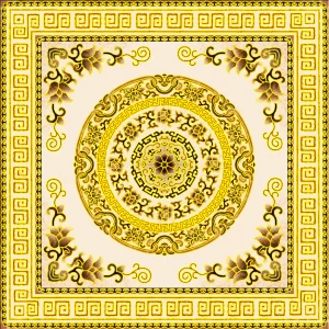 COVOR CERAMIC B11166 (4 PLACI) - 120X120 cm, design oriental elegant cu motiv central circular și chenar geometric, în nuanțe de auriu și crem, compus din 4 plăci portelanate glazurate.