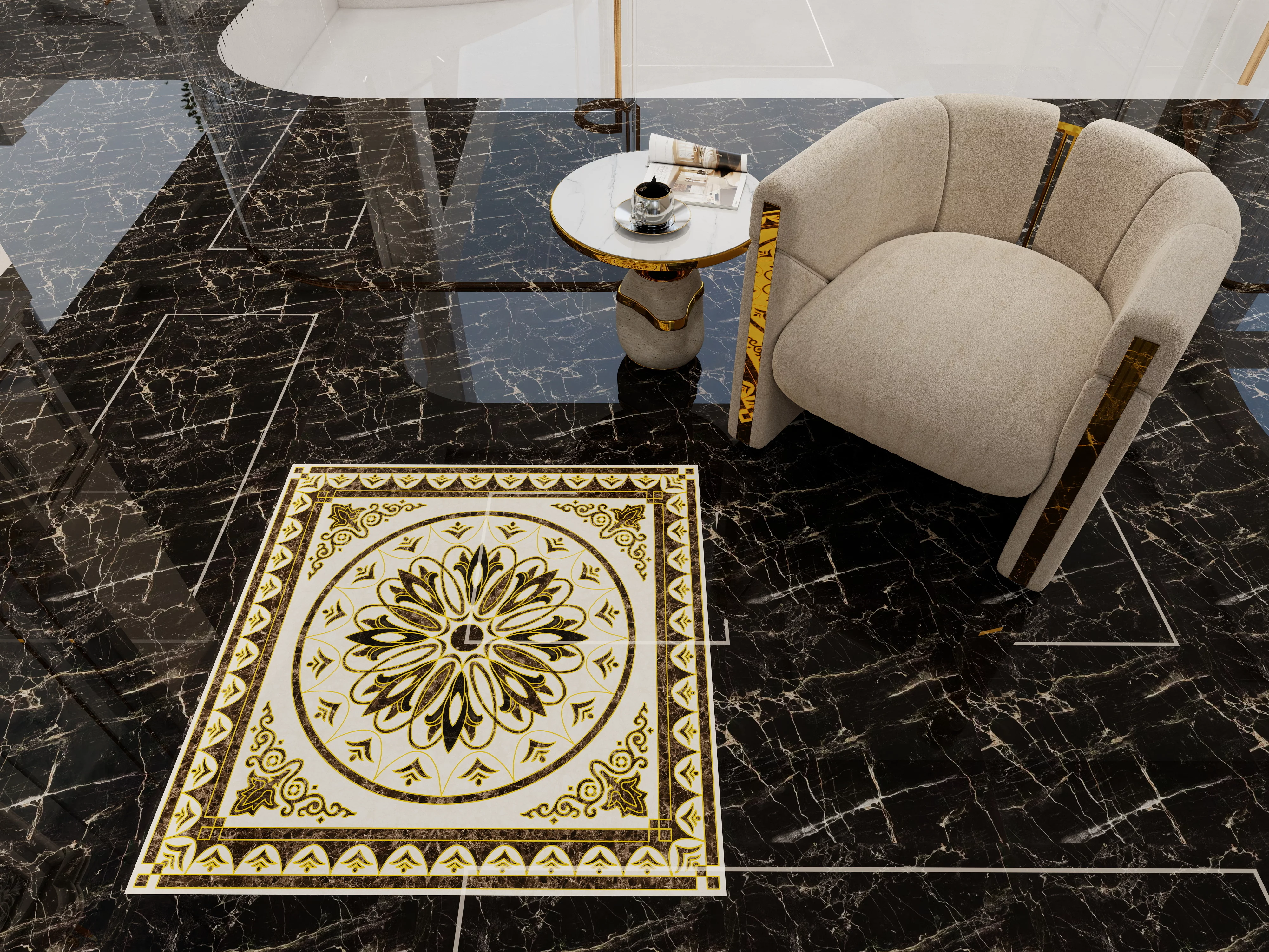 COVOR CERAMIC B11168 (4 PLACI) - 120X120 cm, model floral geometric în nuanțe elegante de negru și crem, format din 4 plăci portelanate glazurate, design rafinat pentru interioare moderne sau clasice.