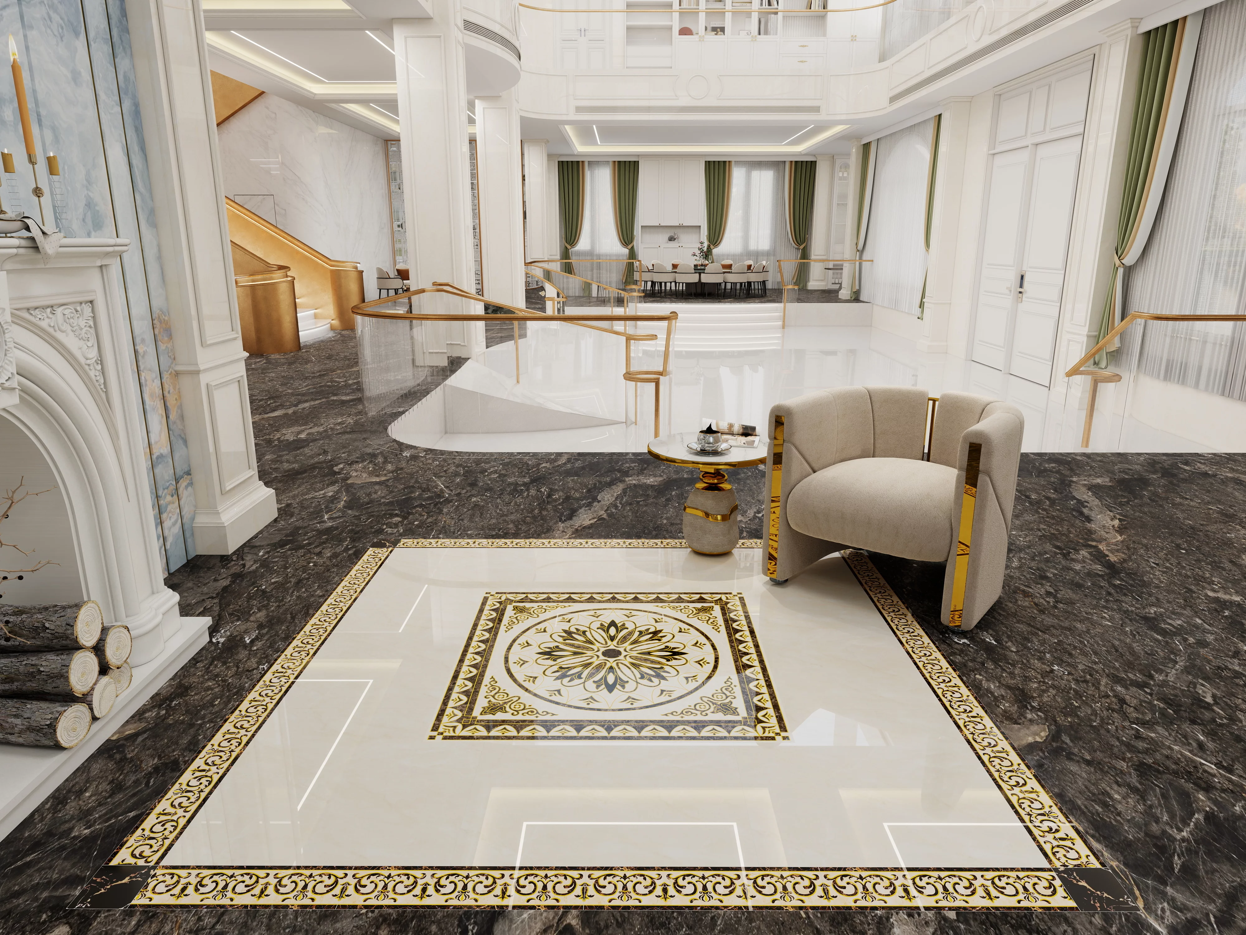 COVOR CERAMIC B11168 (4 PLACI) - 120X120 cm, model floral geometric în nuanțe elegante de negru și crem, format din 4 plăci portelanate glazurate, design rafinat pentru interioare moderne sau clasice.