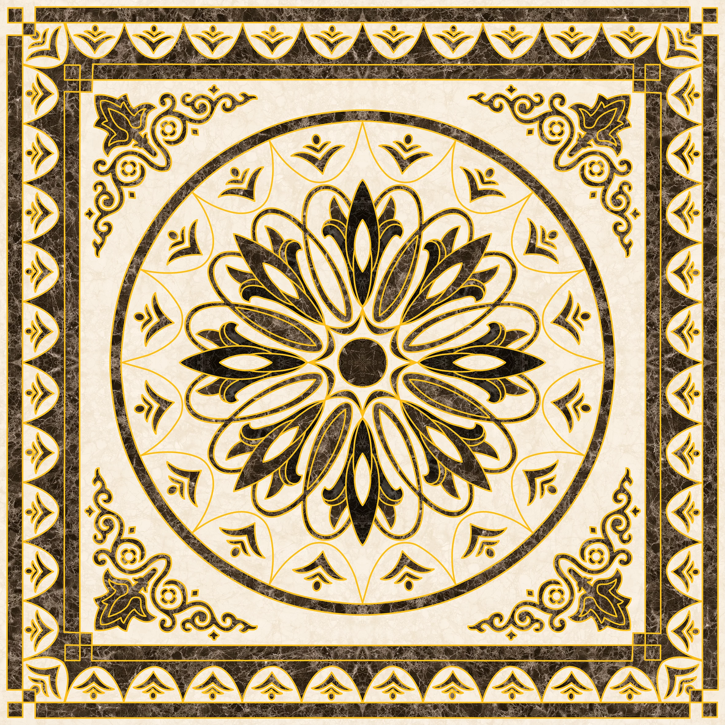 COVOR CERAMIC B11168 (4 PLACI) - 120X120 cm, model floral geometric în nuanțe elegante de negru și crem, format din 4 plăci portelanate glazurate, design rafinat pentru interioare moderne sau clasice.