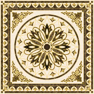COVOR CERAMIC B11168 (4 PLACI) - 120X120 cm, model floral geometric în nuanțe elegante de negru și crem, format din 4 plăci portelanate glazurate, design rafinat pentru interioare moderne sau clasice.