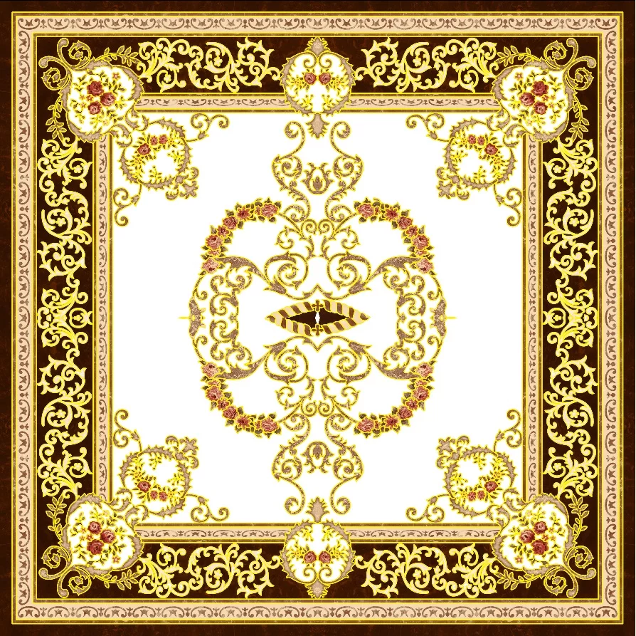 COVOR CERAMIC B11169 (4 PLACI) - 120X120 cm, format din 4 plăci portelanate glazurate, cu design baroc în nuanțe aurii, roșu și maro, deal pentru decoruri clasice sau luxoase.