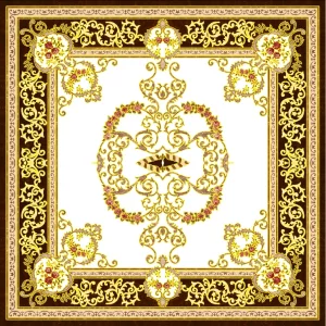 COVOR CERAMIC B11169 (4 PLACI) - 120X120 cm, format din 4 plăci portelanate glazurate, cu design baroc în nuanțe aurii, roșu și maro, deal pentru decoruri clasice sau luxoase.