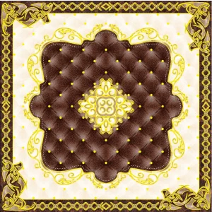COVOR CERAMIC B10943 (4 PLACI) - 120X120 cm, cu aspect texturat tip tapițerie și model baroc central auriu, realizat din 4 plăci portelanate glazurate, potrivit pentru interioare elegante.