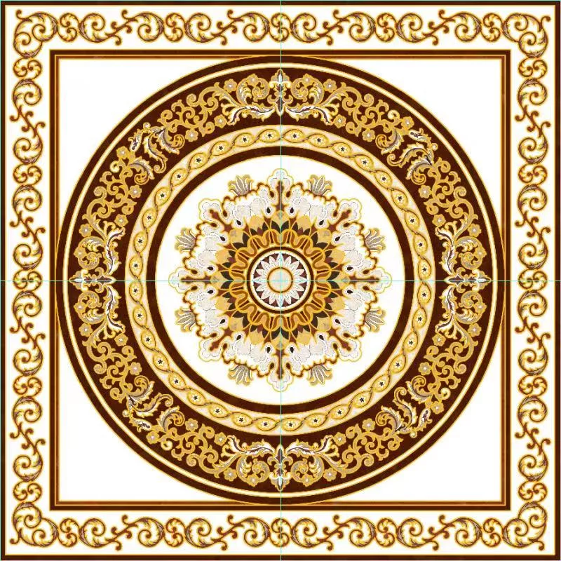 COVOR CERAMIC B11170 (4 PLACI) - 120X120 cm, cu design simetric în cercuri concentrice și ornamente aurii, realizat din 4 plăci portelanate glazurate, eleganță și echilibru în centrul casei tale.