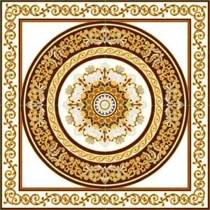 COVOR CERAMIC B11170 (4 PLACI) - 120X120 cm, cu design simetric în cercuri concentrice și ornamente aurii, realizat din 4 plăci portelanate glazurate, eleganță și echilibru în centrul casei tale.
