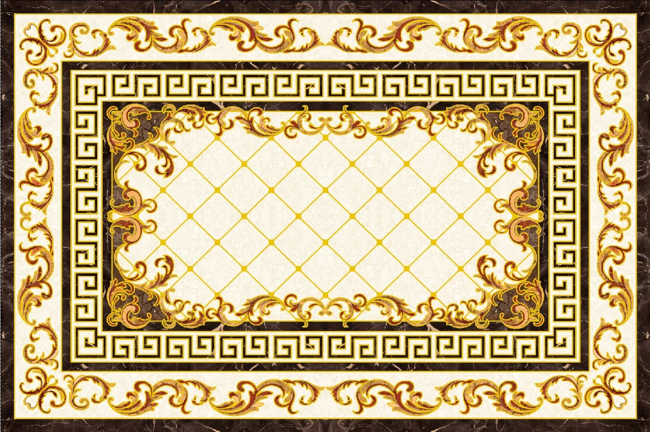 COVOR CERAMIC B11172 (6 PLACI) - 120X180 cm, model geometric și baroc cu accente aurii și fundal crem, format din 6 plăci portelanate glazurate, eleganță clasică pentru spații rafinate.