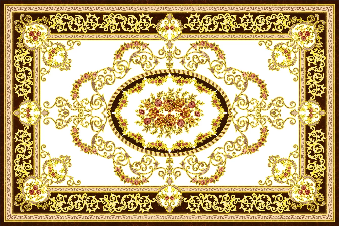 COVOR CERAMIC B11173 (6 PLACI) - 120X180 cm, model floral baroc cu accente aurii și fundal alb, format din 6 plăci portelanate glazurate, lux și rafinament pentru interioare clasice.