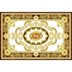 COVOR CERAMIC B11173 (6 PLACI) - 120X180 cm, model floral baroc cu accente aurii și fundal alb, format din 6 plăci portelanate glazurate, lux și rafinament pentru interioare clasice.