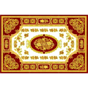 COVOR CERAMIC B11174 (6 PLACI) - 120X180 cm, design floral în tonuri aurii pe fundal roșu intens, format din 6 plăci portelanate glazurate, un accent regal pentru interioare clasice.
