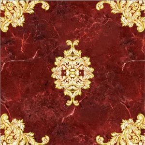 GRESIE FC-10784-G - 60X60 cm, porțelanată, lucioasă, în nuanțe de roșu intens cu vene naturale și elemente decorative aurii gravate, aspect luxos pictat manual, ideală pentru interioare clasice și elegante.