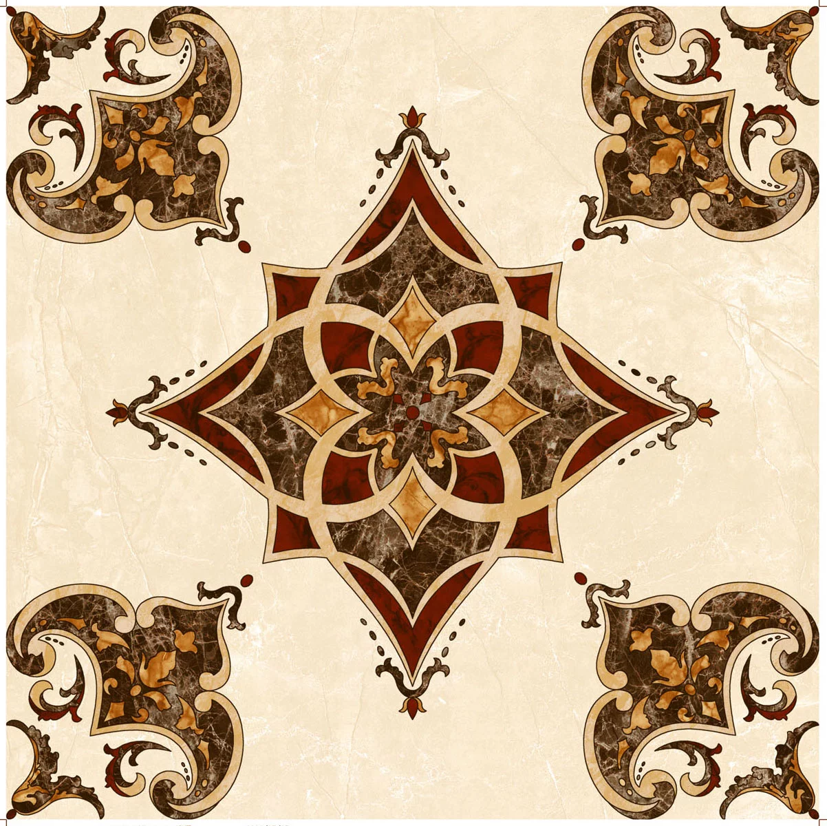 GRESIE FC-9540-G - 60X60 cm, porțelanată, în nuanțe de crem deschis cu accente de maro și roșu cărămiziu, decor central floral și finisaj lucios, ideală pentru interioare elegante cu aer clasic.