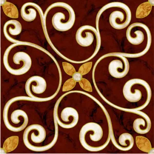 GRESIE FC-9629B-G - 60X60 cm, porțelanată, în nuanțe de roșu intens cu inserții aurii și crem, decor geometric floral și finisaj lucios, ideală pentru interioare elegante și artistice.