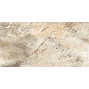 GRESIE HG FLORIAN CREMA - 60X120 cm, porțelanată, în nuanțe de crem-bej cu vene maronii și gri, aspect marmură lucioasă high-glossy, ideală pentru interioare elegante și luminoase.