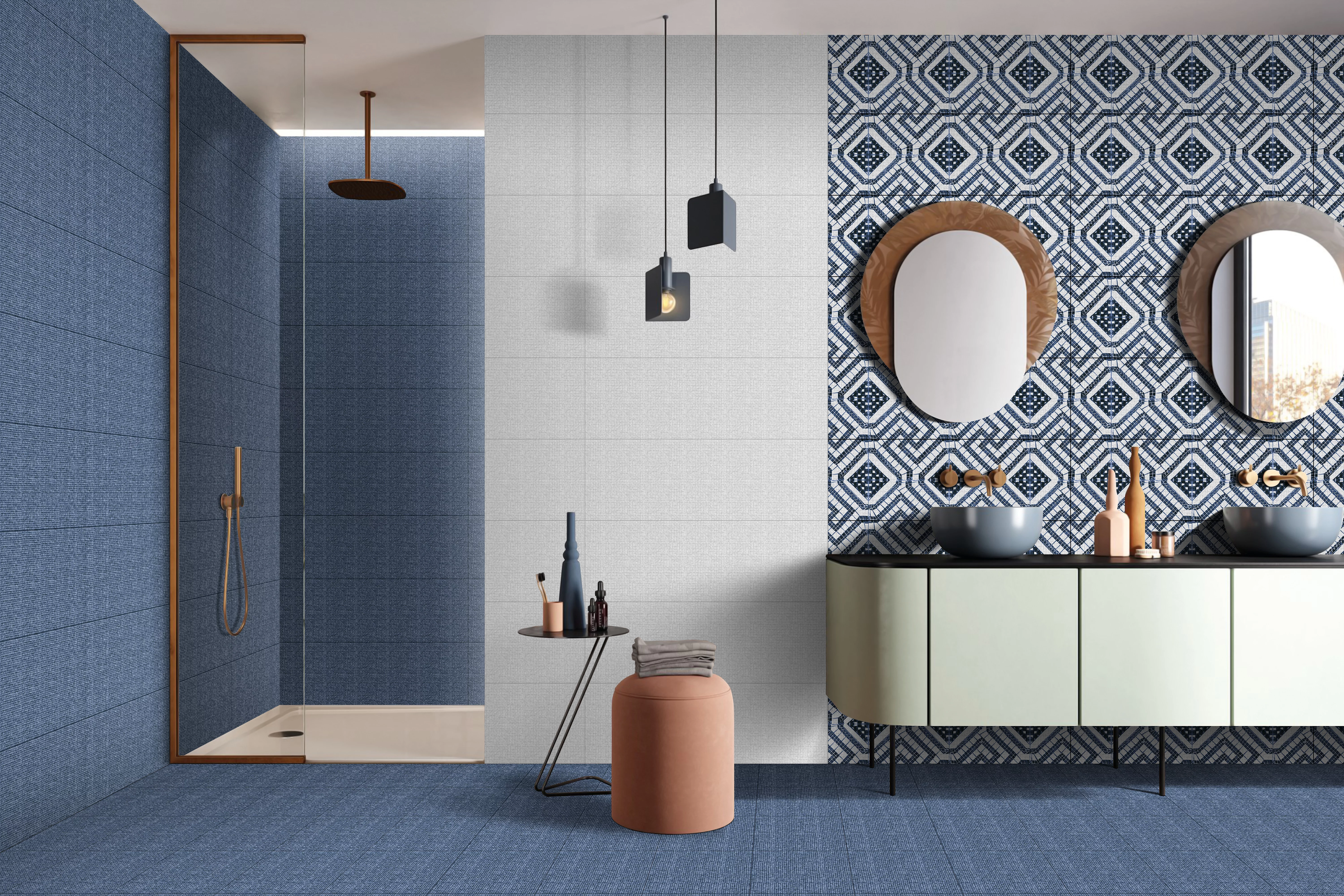 FAIANTA ETHAN BLUE DECOR - 25X75 cm, ceramica glazurata, rectificata, mată, finisaj in relief, imprimeu alb-albastru geometric, gen mosaic, stil etnic modern.