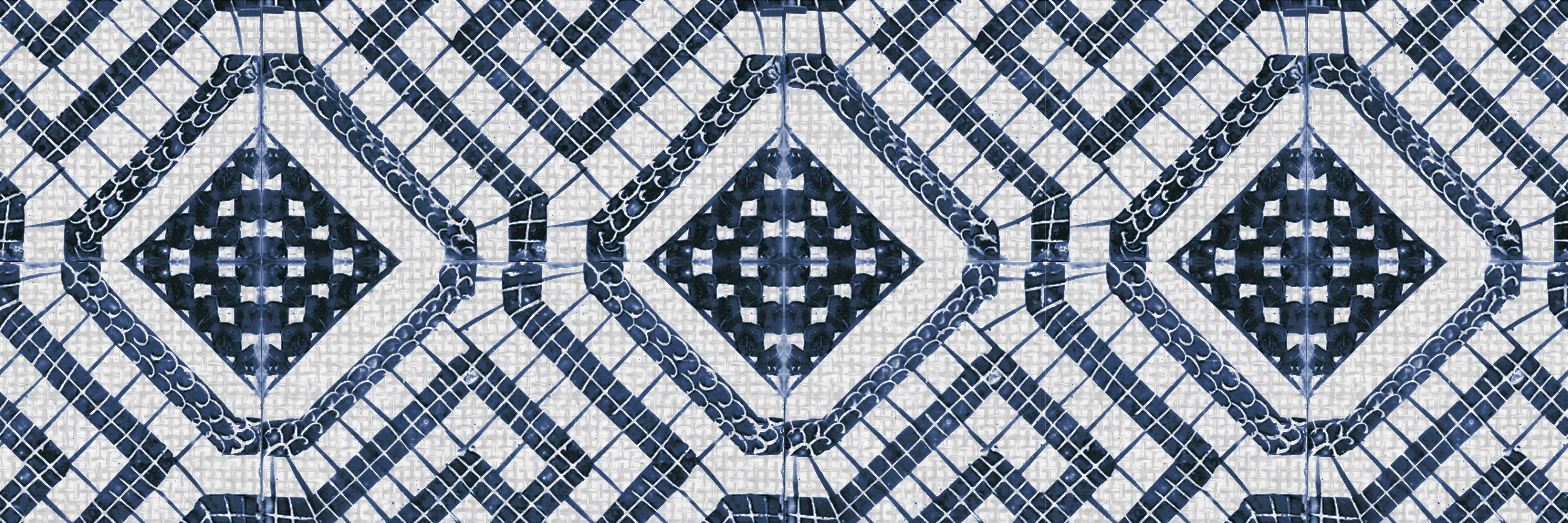 FAIANTA ETHAN BLUE DECOR - 25X75 cm, ceramica glazurata, rectificata, mată, finisaj in relief, imprimeu alb-albastru geometric, gen mosaic, stil etnic modern.