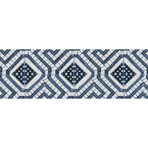 FAIANTA ETHAN BLUE DECOR - 25X75 cm, ceramica glazurata, rectificata, mată, finisaj in relief, imprimeu alb-albastru geometric, gen mosaic, stil etnic modern.