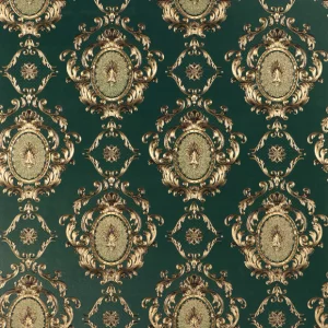 Tapet GOLD OPULENCE G096707 – 53x1000 cm (5.3 m²/ rola), PVC, lavabil, model baroc auriu pe fundal verde închis, eleganță clasică pentru decoruri impunătoare.