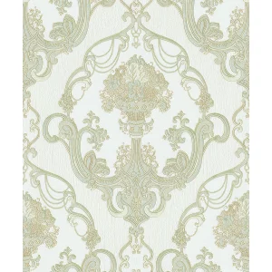 Tapet CAROLYN 827603 – 53x1000 cm (5.3 m²/ rola), PVC, lavabil, model clasic baroc în tonuri calde de crem și bej, suprafață embosată, ideal pentru interioare elegante.