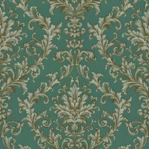 Tapet TALISA 832306 – 53x1000 cm (5.3 m²/ rola), PVC, lavabil, model clasic baroc elegant în nuanțe de verde și auriu.