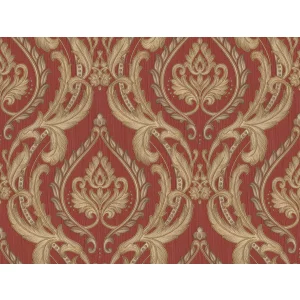 Tapet WILSON 825606 – 70x1000 cm (7 m²/ rolă), PVC, lavabil, model baroc elegant, sofisticat, în tonuri de roșu burgund și auriu. 
