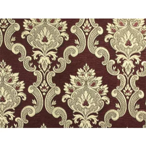 Tapet GOLDEN 13802 – 53x1000 cm (5.3 m²/ rola), PVC, lavabil, model damasc baroc vișiniu-auriu, elegant, ideal pentru interioare clasice și spații sofisticate.