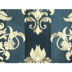 Tapet GOLDEN 13842 – 53x1000 cm (5.3 m²/ rola), PVC, lavabil, model baroc albastru închis cu auriu, ideal pentru decoruri elegante și rafinate.