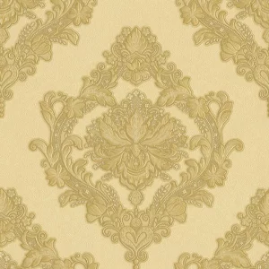 Tapet CARMELA GK 859702 – 53x1000 cm (5.3 m²/ rola), PVC, lavabil, model damasc baroc in nuante aurii pe fundal crem, eleganță clasică pentru interioare rafinate.