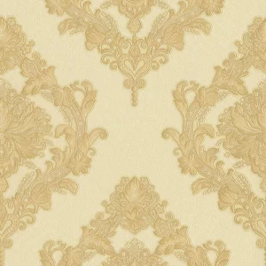 Tapet CARMELA GK 859703 – 53x1000 cm (5.3 m²/ rola), PVC, lavabil, model clasic damasc, floral, in nuante aurii pe fundal crem, ideal pentru interioare elegante.