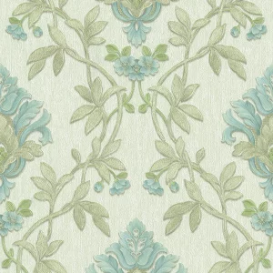 Tapet SCARLETT GK 87606 – 70x1000 cm (7 m² / rolă), PVC, lavabil, model floral elegant clasic în tonuri de verde-mentă și bleu pastel. 