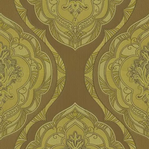 Tapet BETRA GK 87211 – 53x1000 cm (5.3 m²/ rola), PVC, lavabil, model oriental simetric auriu-bronz, embosat elegant, ideal pentru decoruri eclectice sau clasice reinterpretate. 