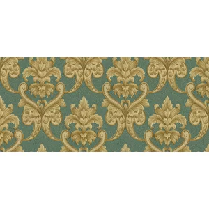 Tapet VANESSA GK 863801 – 70x1000 cm (7 m²/ rolă), PVC, lavabil, model baroc elegant cu ornament auriu pe fundal verde smarald.