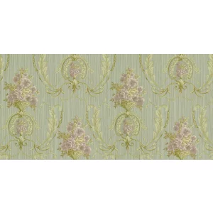 Tapet GRIES GK 87540 – 106x1000 cm (10.6 m² / rolă), PVC, lavabil, model floral baroc în tonuri pastel pe fundal verde deschis.