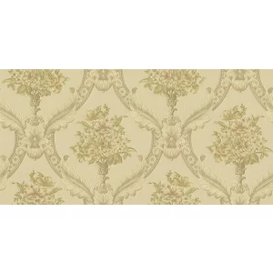 Tapet MAINZ GK 88322 – 53x1000 cm (5.3 m²/ rola), PVC, lavabil, model clasic baroc bej-auriu, cu buchete florale și arcade ornamentale pe fundal bej cald, elegant, ideal pentru interioare sofisticate.