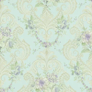 Tapet MAINZ GK 88343 – 53x1000 cm (5.3 m²/ rola), PVC, lavabil, model floral elegant baroc, pastel, cu flori lavandă și arabescuri crem pe fundal verde mentă, ideal pentru spații romantice și luminoase.