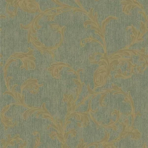 Tapet BLUE JAZZ GK NVP 324708 – 53x1000 cm (5.3 m²/ rola), PVC, lavabil, model elegant baroc cu fundal verde texturat și elemente aurii în relief, perfect pentru interioare clasice, boeme sau moderne cu accente vintage.