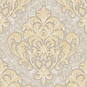 TAPET PVC THESSALONIKI NPP405105 - 53X1000 cm (5.3 m²/ rola), PVC, lavabil, model damasc clasic în tonuri de bej-galben pe fundal texturat crem. 